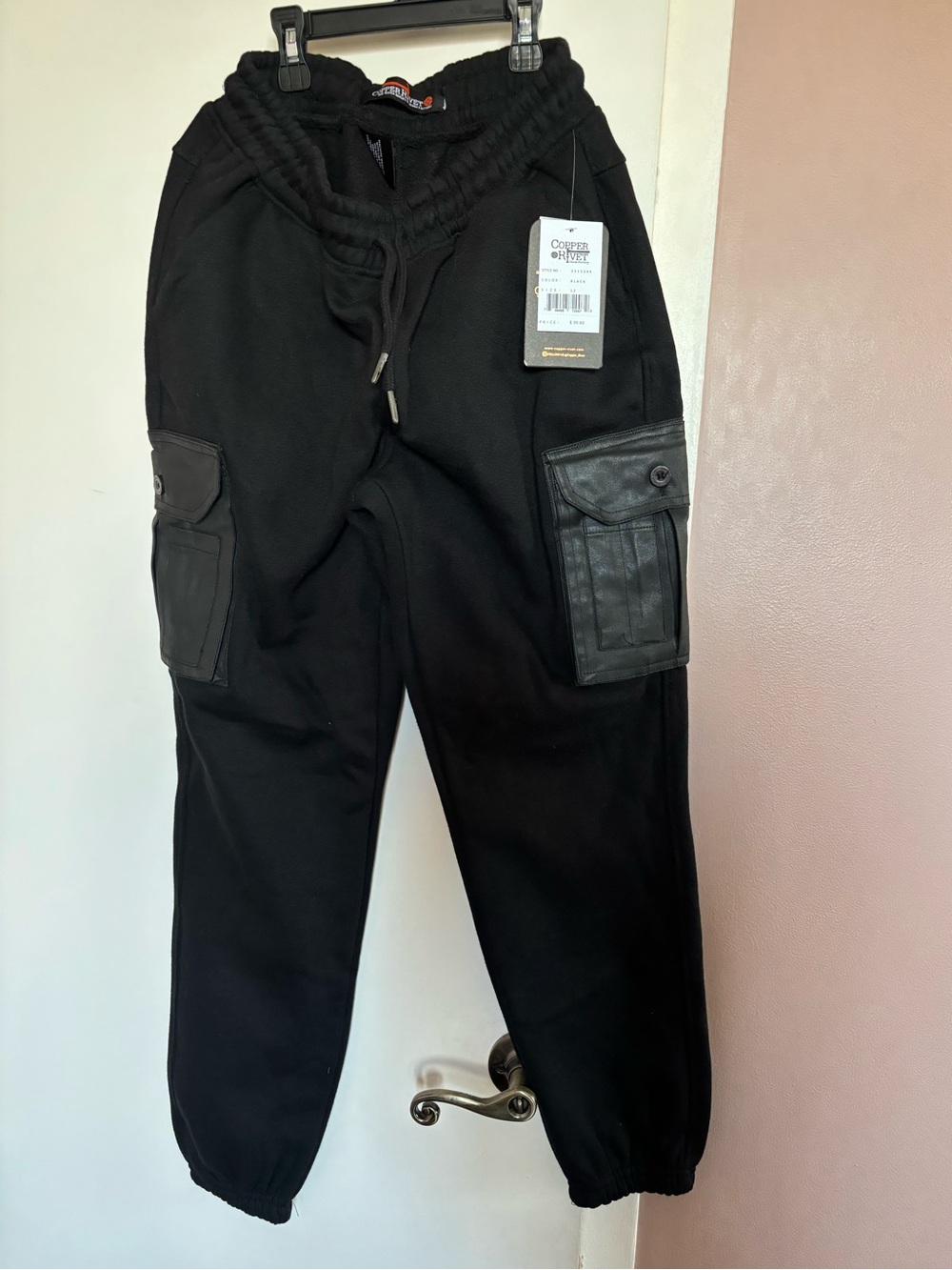 Boys sz 12 Black Cargo Jogger Pants Utility matte Pockets cotton warm NEW $35